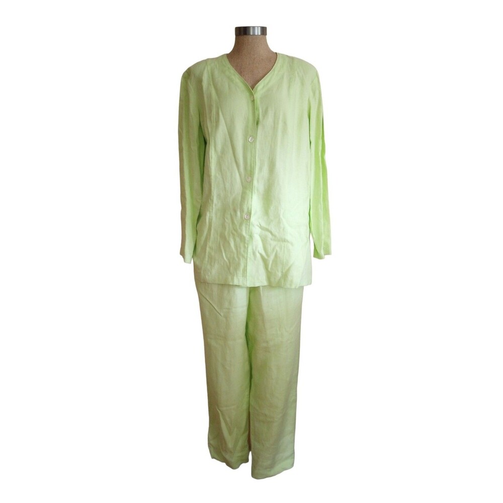 Valerie Stevens Pants Blouse Set Women's Petites Sz PL Lime Green 100% Linen EUC